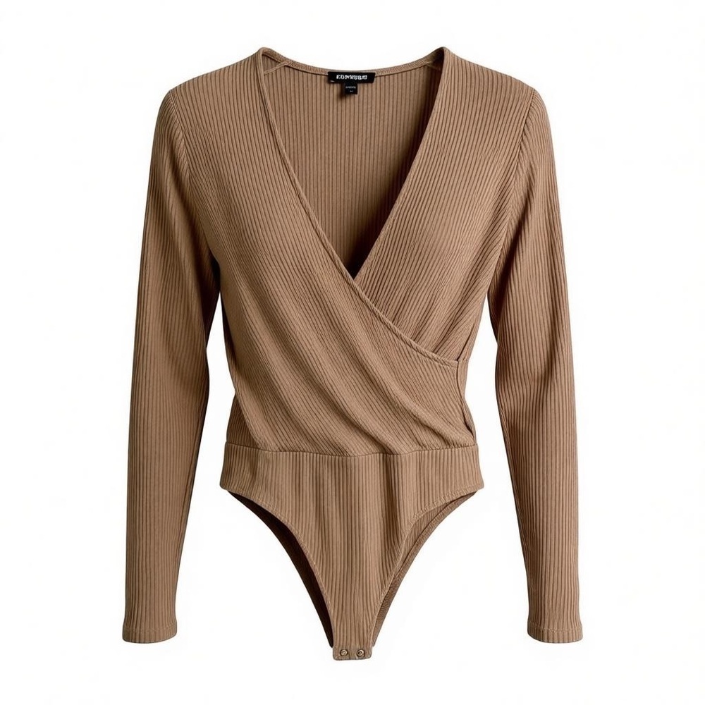 Express Brown Fitted Surplice Bodysuit Size S Long Sleeve Ribbed Knit Capsule